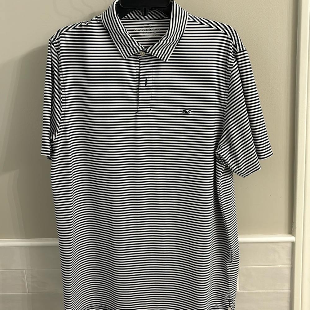 Men’s Large Vineyard Vines Performance Navy Stripe Polo EUC